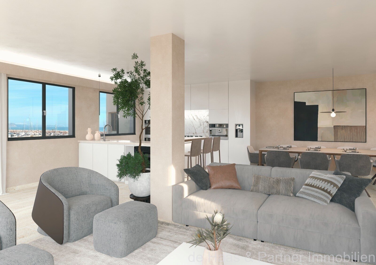 Gran casa directamente en el puerto con vistas panorámicas sobre la bahía hasta Alcudia.